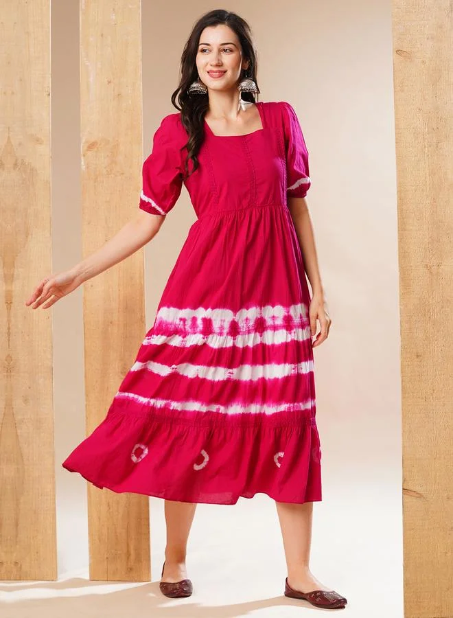 جلو باص Tie and Dye Print Square Neck A-Line Midi Dress
