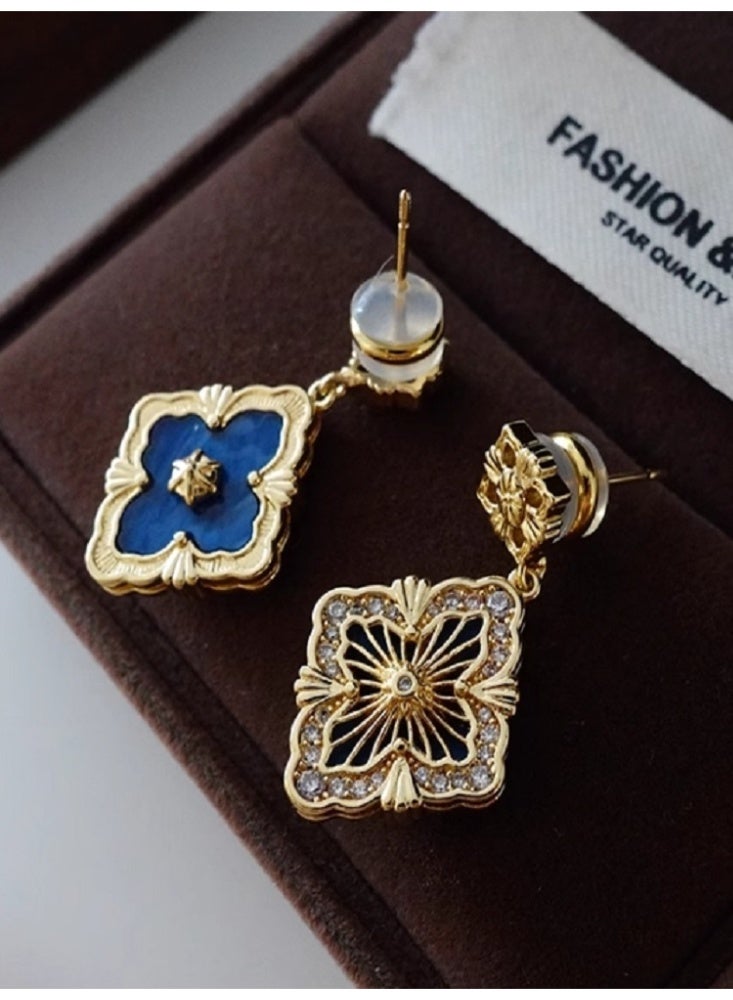 French Carved Earrings With Retro Court Style And Blue Accents - Image 1