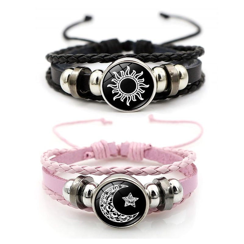 Thalireth 2PCS Luminous Sun And Moon Couples Friendship Matching Love Bracelets Leather Y2k Spirilet Glow In The Dark Adjustable Bracelets Love Gift for Him & Her - Image 1