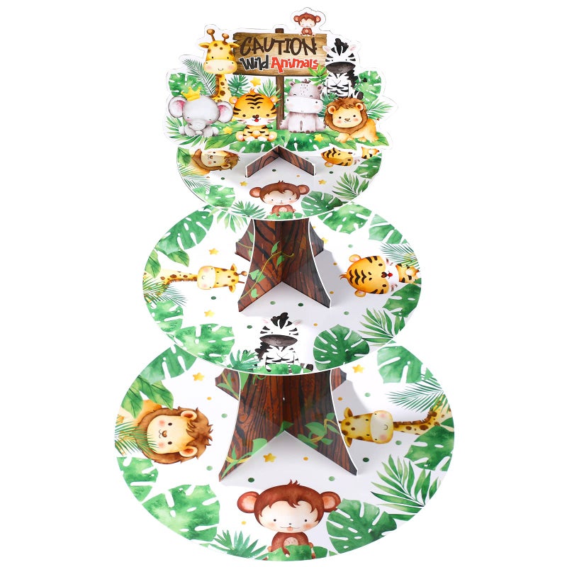 Nuenen Nuenen Safari Cupcake Stand 3 Tier Jungle Theme Baby Shower Wild One 1st Birthday Decor Cupcake Holders Woodland Forest Wild Animals Theme Dessert Tower for Kids Party Supplies 