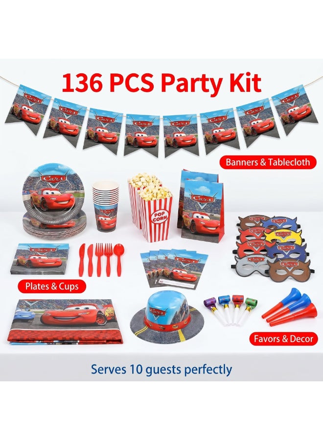 Kidzilla 120 PCS Disney Cars Birthday Party Supplies Kit for Kids – Racing Car Theme Party Decorations Set with Plates, Cups, Napkins, Banner, Tablecloth, Hats, Masks, Loot Bags & Party Favors - Image 2
