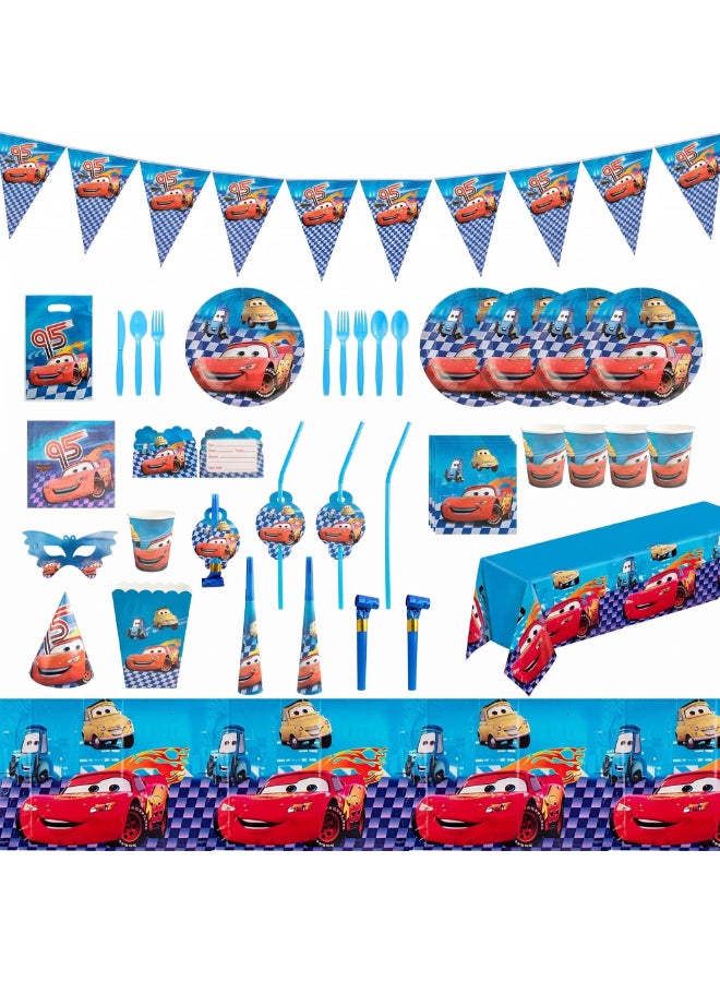 Kidzilla 120 PCS Disney Cars Birthday Party Supplies Kit for Kids – Racing Car Theme Party Decorations Set with Plates, Cups, Napkins, Banner, Tablecloth, Hats, Masks, Loot Bags & Party Favors - Image 1