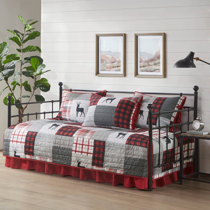 Woolrich Woolrich Daybed Cover Set  Cabin Lifestyle Patchwork with Moose Design All Season Lightweight and Breathable Cozy Bedding Layer with Bedskirt Matching Shams 39 W x 75 L Woodshed Red 5 Piece 