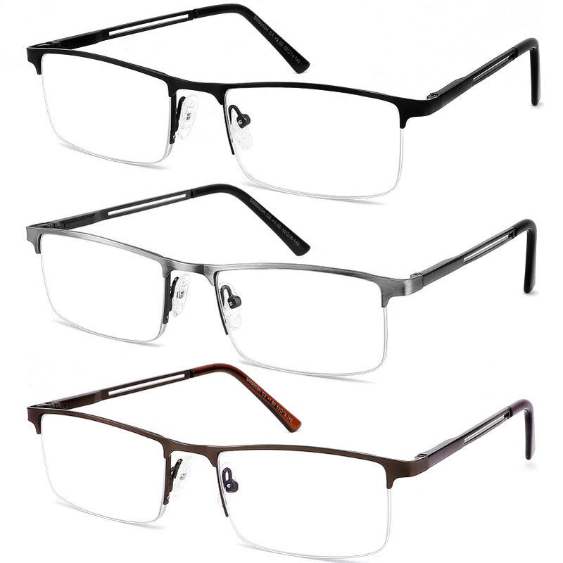 JJWELL 3 Pack Blue Light Reading Glasses for Men Lightweight Metal Rectangle Semi Rimless Readers for Men Anti EyestrainComputer GlareUV Half Frame Spring Hinge Eyeglasses with Pouches