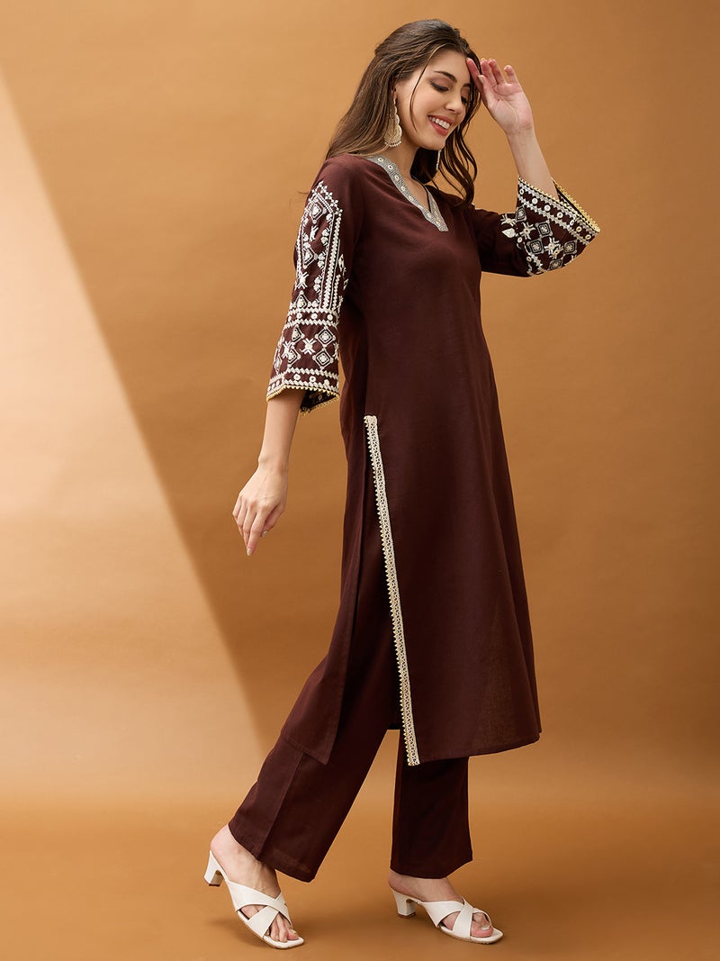 globus Globus Women Brown V-Neck Bell Sleeves Embroidered & Mirror Work Detail Gotta Lace Straight Kurta With Pant Festive Set - Image 2