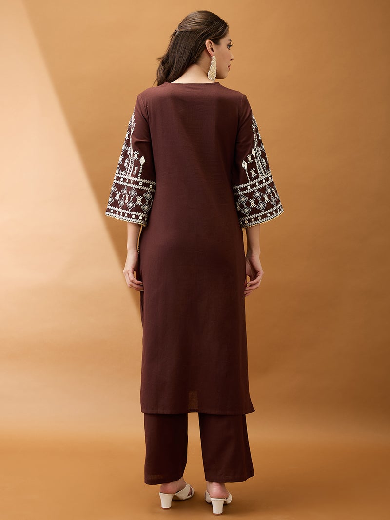globus Globus Women Brown V-Neck Bell Sleeves Embroidered & Mirror Work Detail Gotta Lace Straight Kurta With Pant Festive Set - Image 3