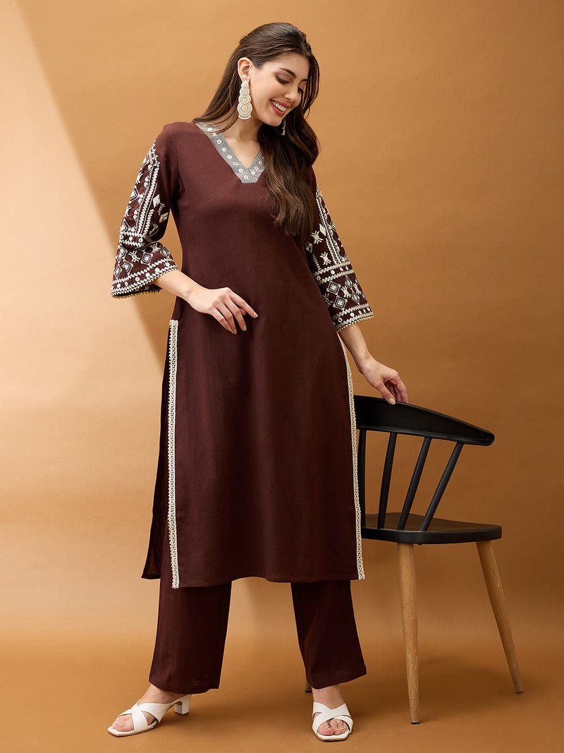 globus Globus Women Brown V-Neck Bell Sleeves Embroidered & Mirror Work Detail Gotta Lace Straight Kurta With Pant Festive Set - Image 1