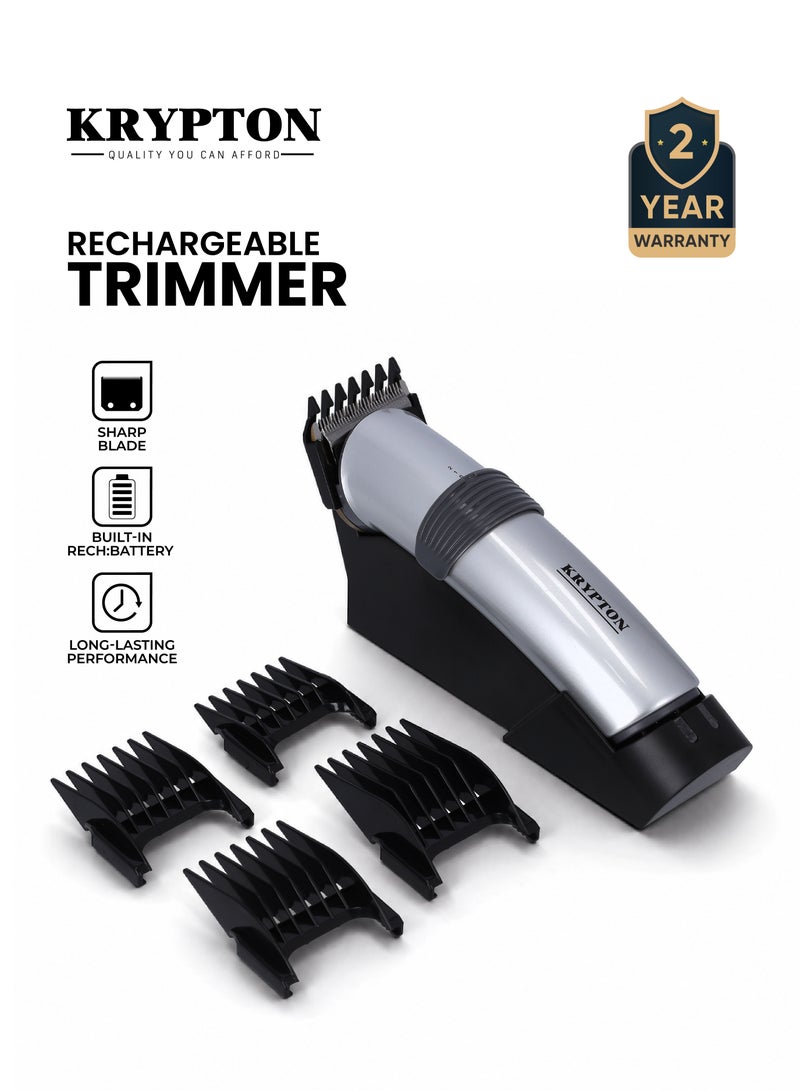 KRYPTON Cordless Hair And Beard Trimmer With Rechargeable Battery Sharp Precision Blades 45 Minutes Working Time Ergonomic Grip Professional Grooming Performance For Haircuts Beard Trimming Mustache Shaping And Stubble Maintenance | Hair & Beard Trimmer Silver and black - Image 1