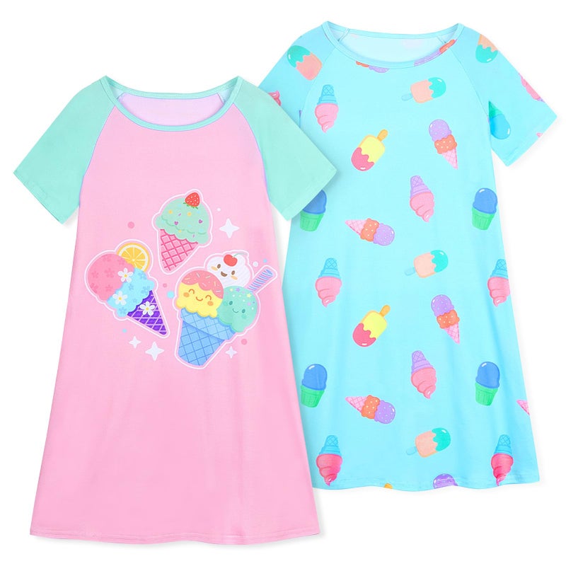 Beinou Girls Nightgowns Toddler Princess Nightgown Sleepwear Night Gowns Sleep Dress 2Pcs for Kids Girls 2-9 Years, Pink Blue Green, 6-7Y - Image 1
