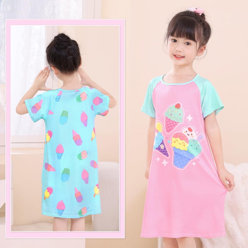 Beinou Girls Nightgowns Toddler Princess Nightgown Sleepwear Night Gowns Sleep Dress 2Pcs for Kids Girls 2-9 Years, Pink Blue Green, 6-7Y - Image 2