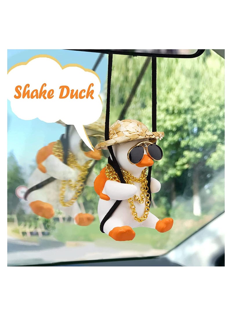 Swing Duck Car Pendant, Cute Car Ornaments Creative Duck, Car Rear View Mirror Pendant Car Decoration, Straw Hat Schoolbag Style Duck Ornament (Mirrors Sunglasses Duck)