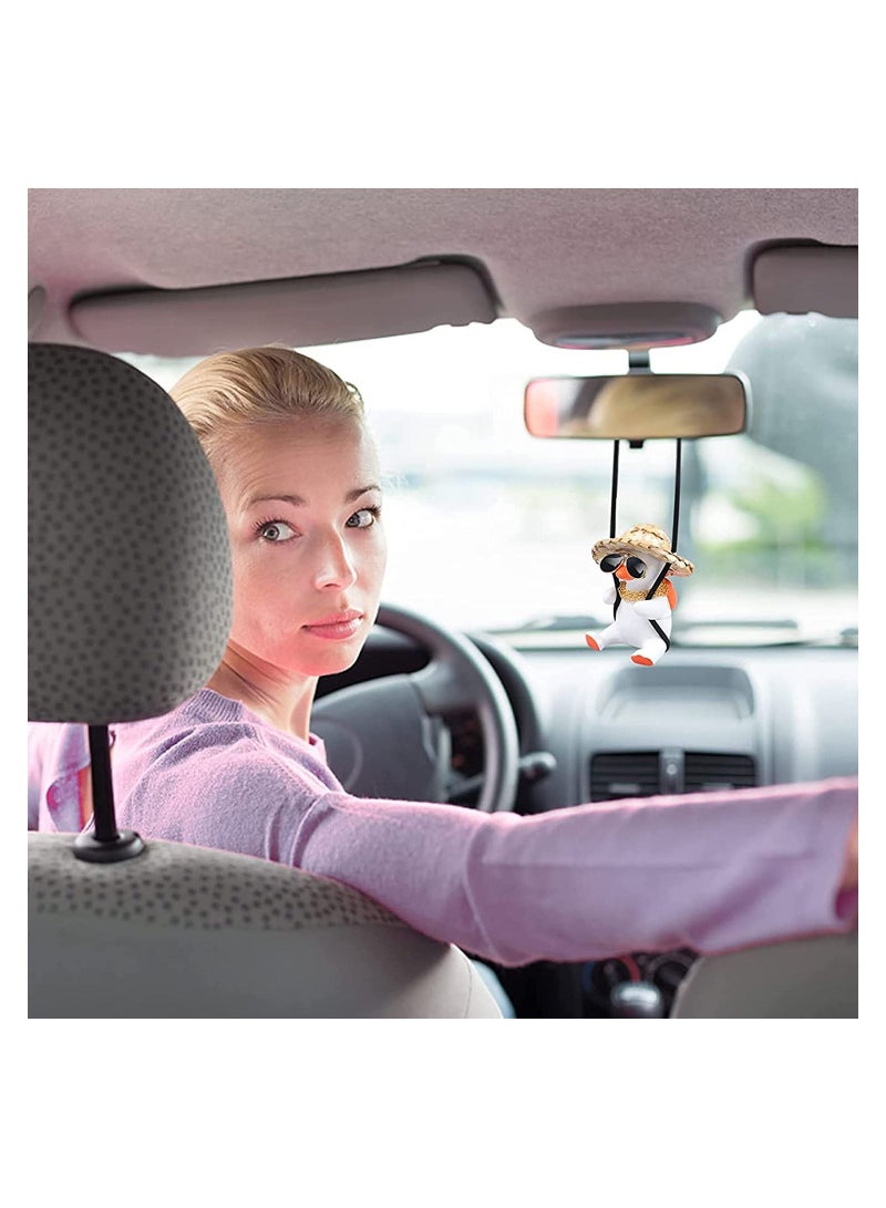 Swing Duck Car Pendant, Cute Car Ornaments Creative Duck, Car Rear View Mirror Pendant Car Decoration, Straw Hat Schoolbag Style Duck Ornament (Mirrors Sunglasses Duck)