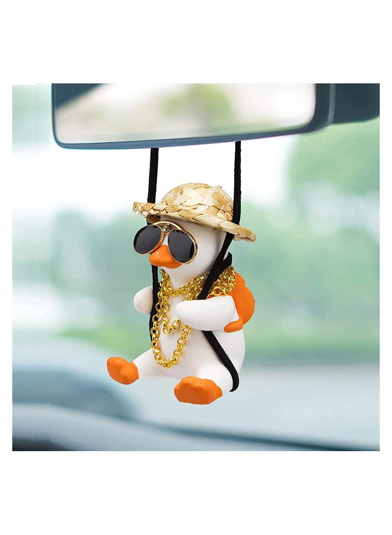 Swing Duck Car Pendant, Cute Car Ornaments Creative Duck, Car Rear View Mirror Pendant Car Decoration, Straw Hat Schoolbag Style Duck Ornament (Mirrors Sunglasses Duck)