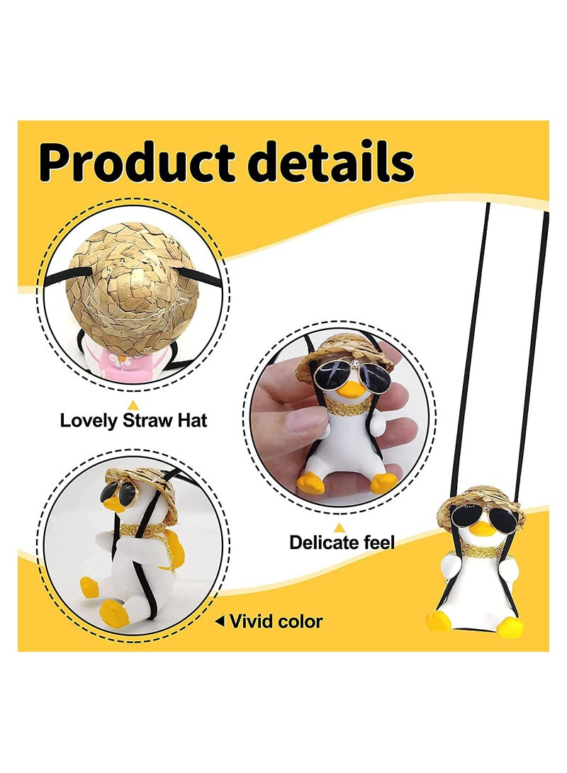 Swing Duck Car Pendant, Cute Car Ornaments Creative Duck, Car Rear View Mirror Pendant Car Decoration, Straw Hat Schoolbag Style Duck Ornament (Mirrors Sunglasses Duck)