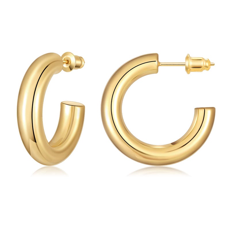 Gacimy Chunky Hoop Earrings for Women 14K Gold Plated, 925 Sterling Silver Post Hoops for Women, 25mm Yellow Color Medium Earrings - Image 1