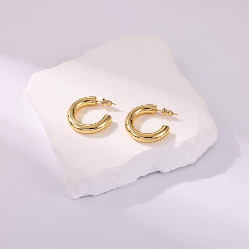 Gacimy Chunky Hoop Earrings for Women 14K Gold Plated, 925 Sterling Silver Post Hoops for Women, 25mm Yellow Color Medium Earrings - Image 5