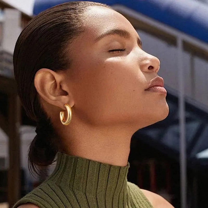 Gacimy Chunky Hoop Earrings for Women 14K Gold Plated, 925 Sterling Silver Post Hoops for Women, 25mm Yellow Color Medium Earrings - Image 4