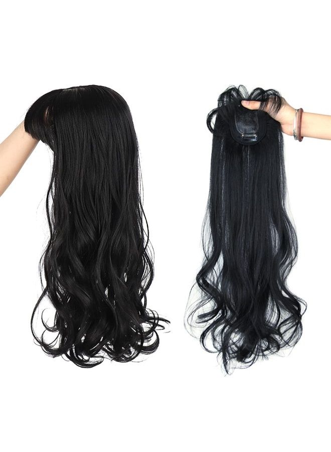 LesafeV 50cm Long Seamless Nature Look Clip in Hairpiece with Side-Fringe Extension Forehead Topper for Women with Thinning Hair Wavy Black - Image 2