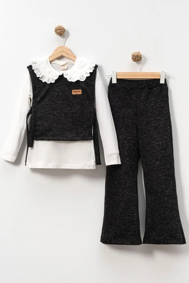 Miniğimin Cicileri My Little Ones Lace Collar Blouse, Vest and Wide Leg Trousers Girls Set - Black
