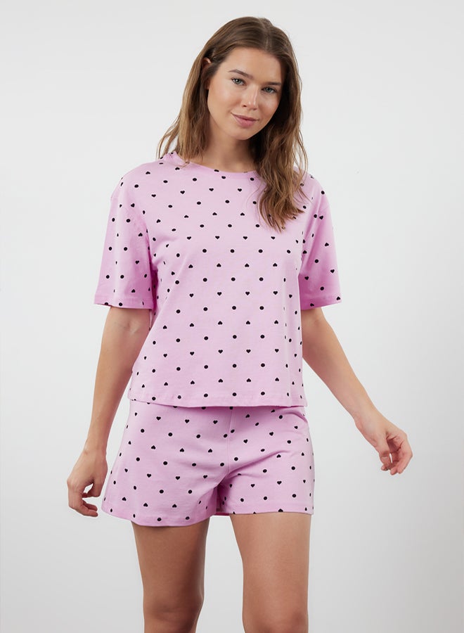 trendyol Pink 100% Cotton Heart Print Knitted Pajama Set with Shorts - Image 2