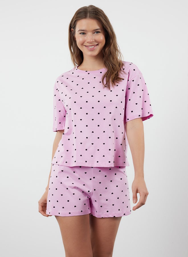trendyol Pink 100% Cotton Heart Print Knitted Pajama Set with Shorts - Image 1