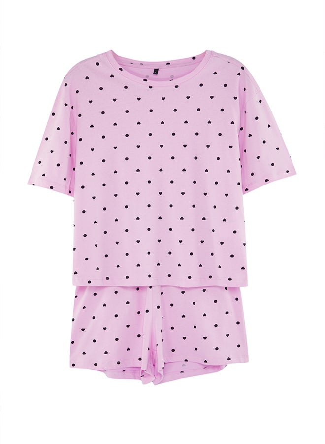 trendyol Pink 100% Cotton Heart Print Knitted Pajama Set with Shorts - Image 5