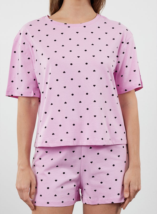 trendyol Pink 100% Cotton Heart Print Knitted Pajama Set with Shorts - Image 3