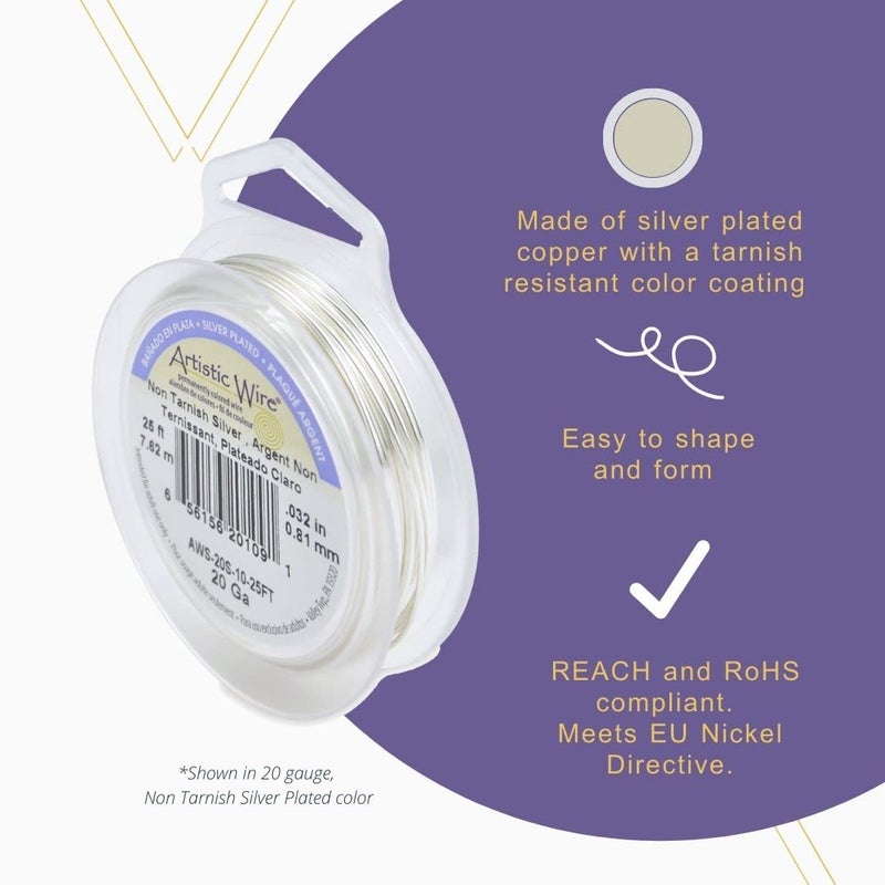 Artistic Wire سلك فني، 20 قياس مطلي بالفضة مقاوم للتآكل سلك نحاسي ملون، فضة مقاومة للتآكل، 25 قدم - Image 5