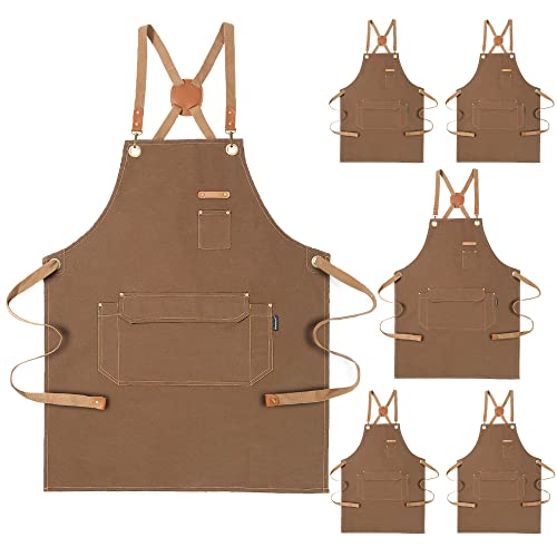 Genixart 6 Bulk Pack Chef Apron for Men Women with Pockets, Cross Back Apron for Kitchen Cooking Baking Artist Painting, Cotton Canvas Work Aprons for Restaurant, Cafe Shop, Garden (Brown, M to XXL) - Image 1