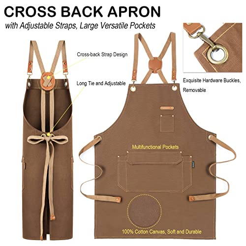 Genixart 6 Bulk Pack Chef Apron for Men Women with Pockets, Cross Back Apron for Kitchen Cooking Baking Artist Painting, Cotton Canvas Work Aprons for Restaurant, Cafe Shop, Garden (Brown, M to XXL) - Image 3