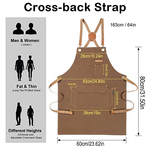 Genixart 6 Bulk Pack Chef Apron for Men Women with Pockets, Cross Back Apron for Kitchen Cooking Baking Artist Painting, Cotton Canvas Work Aprons for Restaurant, Cafe Shop, Garden (Brown, M to XXL) - Image 4