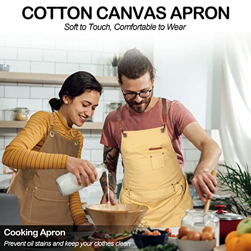 Genixart 6 Bulk Pack Chef Apron for Men Women with Pockets, Cross Back Apron for Kitchen Cooking Baking Artist Painting, Cotton Canvas Work Aprons for Restaurant, Cafe Shop, Garden (Brown, M to XXL) - Image 2