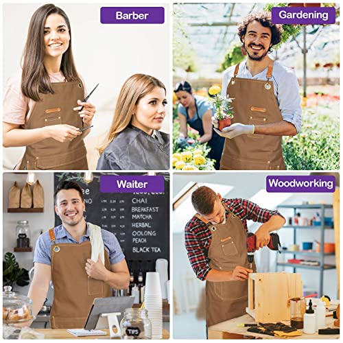 Genixart 6 Bulk Pack Chef Apron for Men Women with Pockets, Cross Back Apron for Kitchen Cooking Baking Artist Painting, Cotton Canvas Work Aprons for Restaurant, Cafe Shop, Garden (Brown, M to XXL) - Image 5