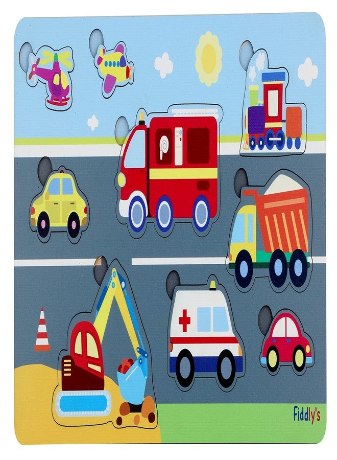 Fiddlys Wooden Learning Educational Puzzle for Kids & Children Age 4+ Double Layered Wooden Puzzles with Bright Front & Back Print (Vehicles) - Image 1