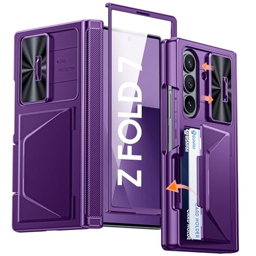 BSNRM for Samsung Galaxy Z Fold 7 Case with Card Holder RFID Blocking, Built in Slide Lens Cover & Hinge Protection & Screen Protector, Shockproof Wallet Case for Z Fold 7 (Purple) - Image 1