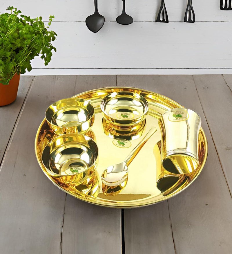 CHEF TURTLES طقم عشاء من 6 قطع من النحاس الأصفر من شيف تيرتلز - طقم طعام فاخر للفنادق والمطاعم وتناول الطعام في المنزل - 1 طبق طعام (12.5 بوصة)، 2 وعاء، 1 كوب، 1 طبق حلوى، 1 ملعقة. - Image 4