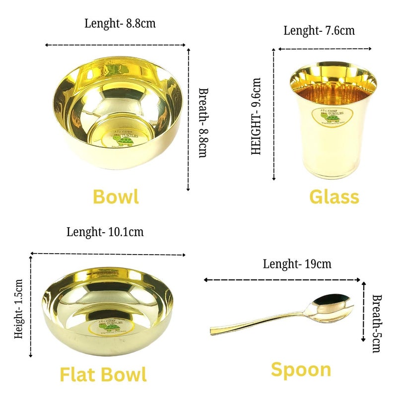 CHEF TURTLES طقم عشاء من 6 قطع من النحاس الأصفر من شيف تيرتلز - طقم طعام فاخر للفنادق والمطاعم وتناول الطعام في المنزل - 1 طبق طعام (12.5 بوصة)، 2 وعاء، 1 كوب، 1 طبق حلوى، 1 ملعقة. - Image 5