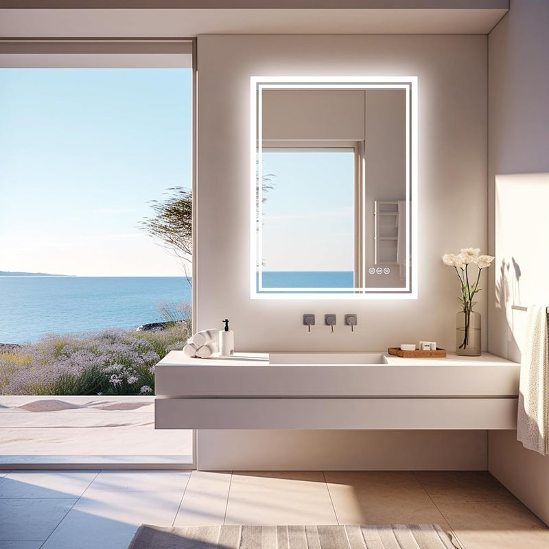 WISFOR Illuminated LED Bathroom Mirror: 50 x 70cm Rectangle Led Backlit Light Mirror Wall Mounted Bathroom Dimmable Mirror 3 Light Colors Makeup Mirror Anti-fog Vanity Mirror Smart Rectangle Mirror - Image 2