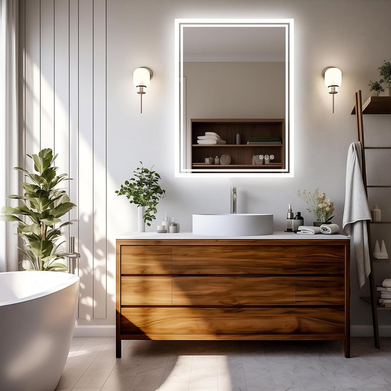 WISFOR Illuminated LED Bathroom Mirror: 50 x 70cm Rectangle Led Backlit Light Mirror Wall Mounted Bathroom Dimmable Mirror 3 Light Colors Makeup Mirror Anti-fog Vanity Mirror Smart Rectangle Mirror - Image 1