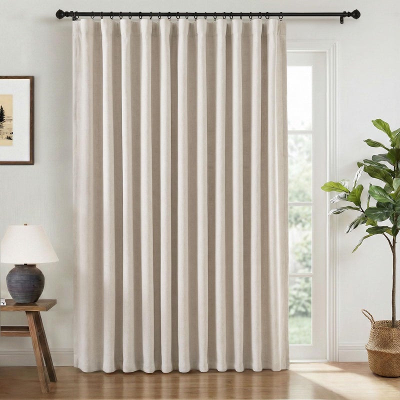 INOVADAY 100% Blackout Curtains for Sliding Glass Doors, 102 Inch Extra Wide Sliding Door Curtains, Clip Rings Linen Drapes, Thermal Insulated Room Darkening for Living Room, 1 Panel - Beige, W102xL84 - Image 1