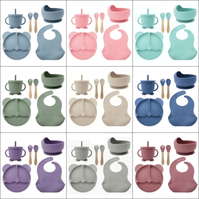 Silicone Baby Tableware Set: 8-Piece Pink Set With Suction Cups & Soft Bib - Bear-Shaped Utensils for Baby Weaning & Independent Eating - Image 2