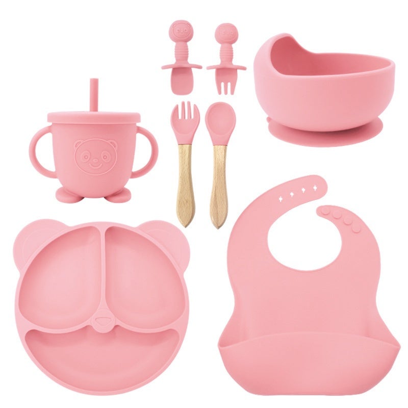 Silicone Baby Tableware Set: 8-Piece Pink Set With Suction Cups & Soft Bib - Bear-Shaped Utensils for Baby Weaning & Independent Eating - Image 1