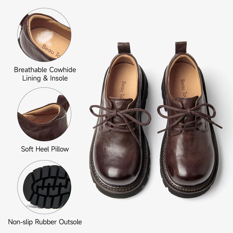 BEAU TODAY Chunky Womens Oxfords, Platform Oxford Shoes for Women, Casual Round Toe Lace-up Leather Oxfords, Comfortable Business Lug Sole Dress Shoes Coffee US 8 - Image 5