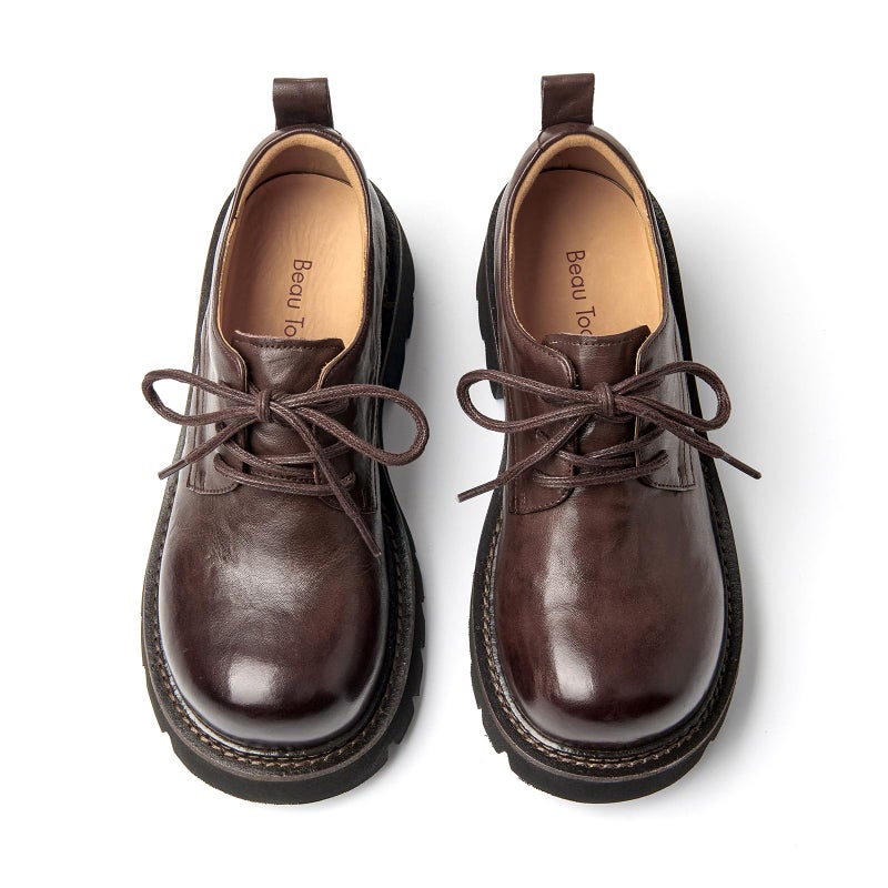 BEAU TODAY Chunky Womens Oxfords, Platform Oxford Shoes for Women, Casual Round Toe Lace-up Leather Oxfords, Comfortable Business Lug Sole Dress Shoes Coffee US 8 - Image 1