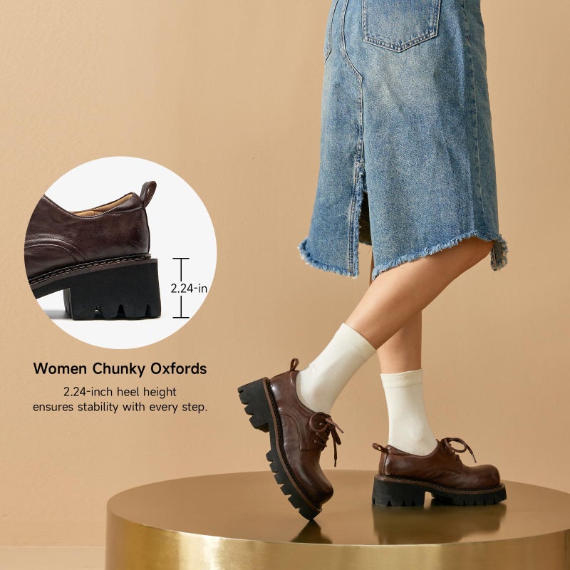 BEAU TODAY Chunky Womens Oxfords, Platform Oxford Shoes for Women, Casual Round Toe Lace-up Leather Oxfords, Comfortable Business Lug Sole Dress Shoes Coffee US 8 - Image 2