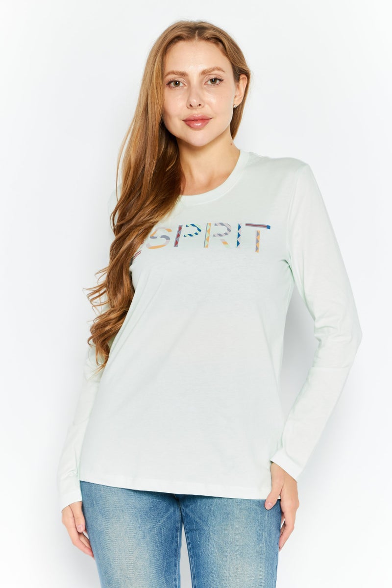 ESPRIT Women Round Neck Long Sleeves Brand Logo T-Shirt, Light Green - Image 1