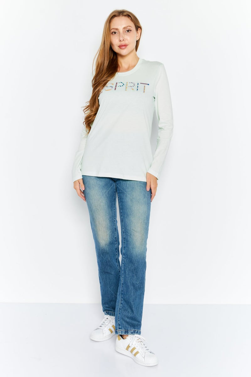 ESPRIT Women Round Neck Long Sleeves Brand Logo T-Shirt, Light Green - Image 2