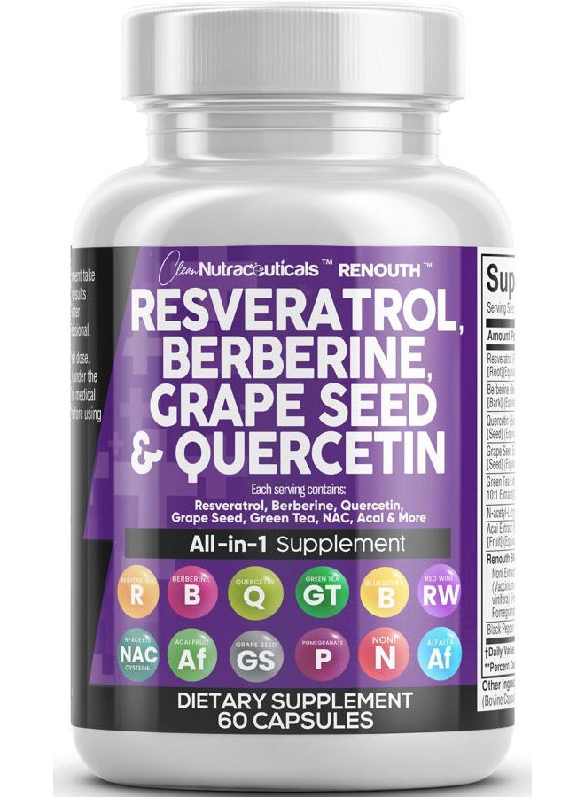 Clean Nutraceuticals Clean Resveratrol Supplement | Berberine Grape Seed Extract Quercetin Green Tea Extract Acai Noni Polyphenol Supplement for Women & Men Anti Aging N-Acetyl Cysteine NAD Booster - Image 1