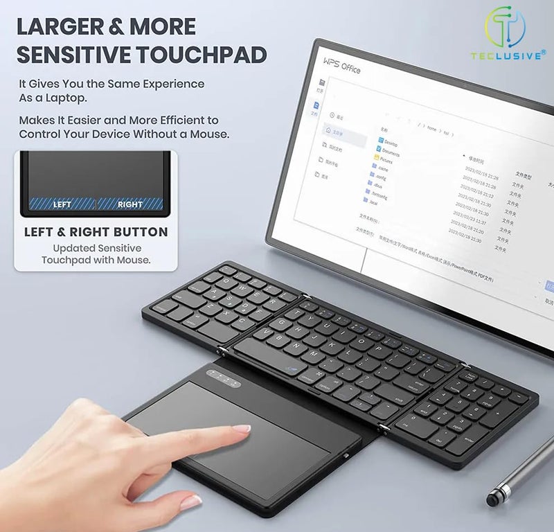 T TECLUSIVE Slim Leather Foldable Wireless Bluetooth Keyboard with Touchpad | Magnetic Folding Rechargeable Keyboard with Trackpad | Compatible for Laptop/Mac/iPhone iPad/Galaxy Tablet - Image 2