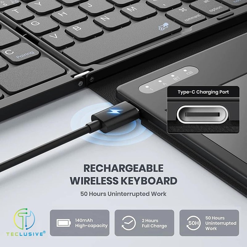 T TECLUSIVE Slim Leather Foldable Wireless Bluetooth Keyboard with Touchpad | Magnetic Folding Rechargeable Keyboard with Trackpad | Compatible for Laptop/Mac/iPhone iPad/Galaxy Tablet - Image 4